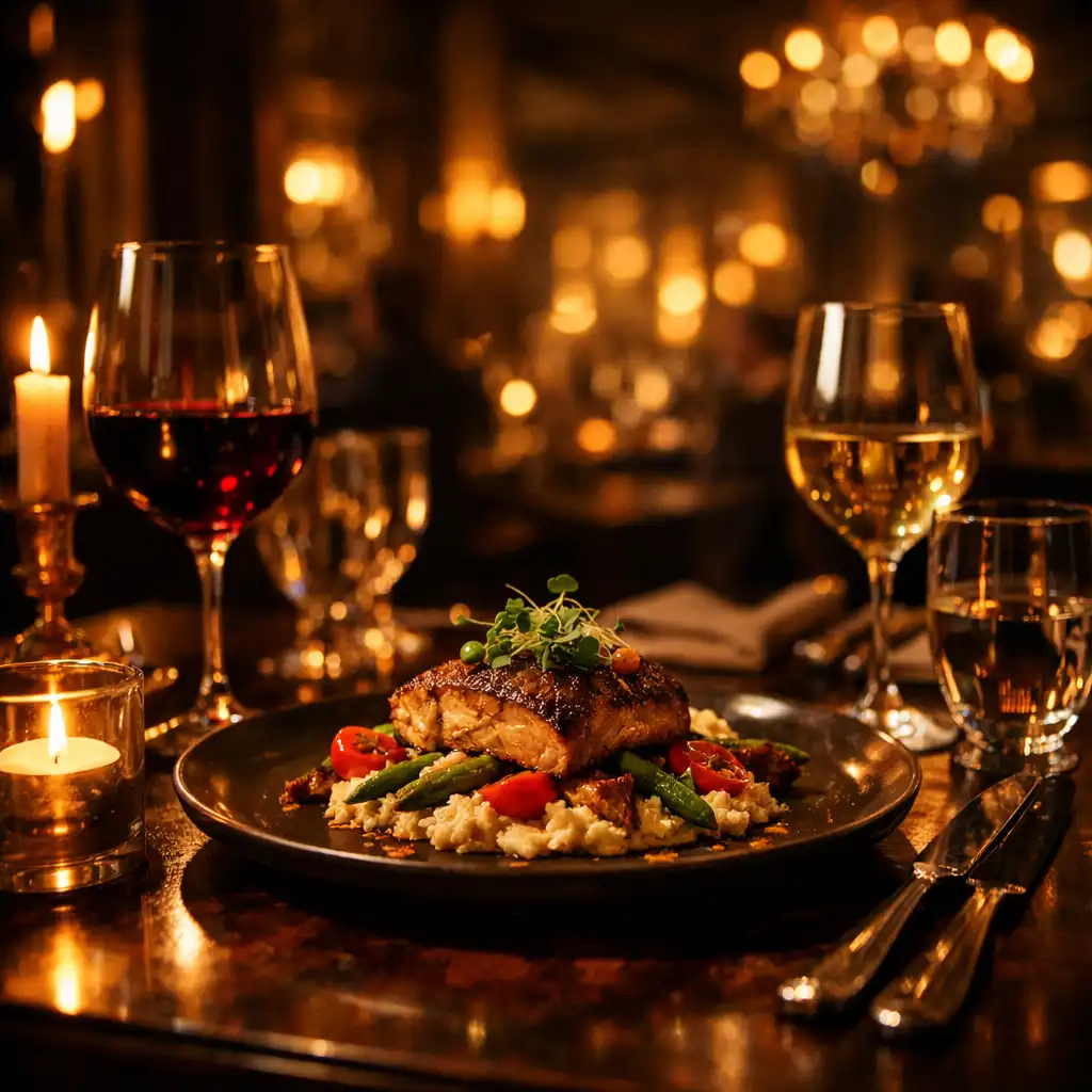 Atmosferyczna scena kolacji przy świecach w eleganckiej restauracji