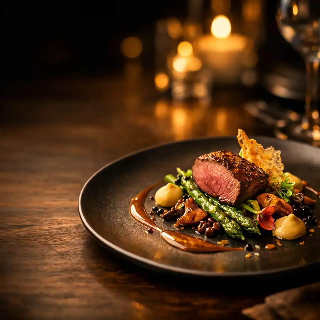 Wykwintne danie fine dining w eleganckiej, wieczornej atmosferze